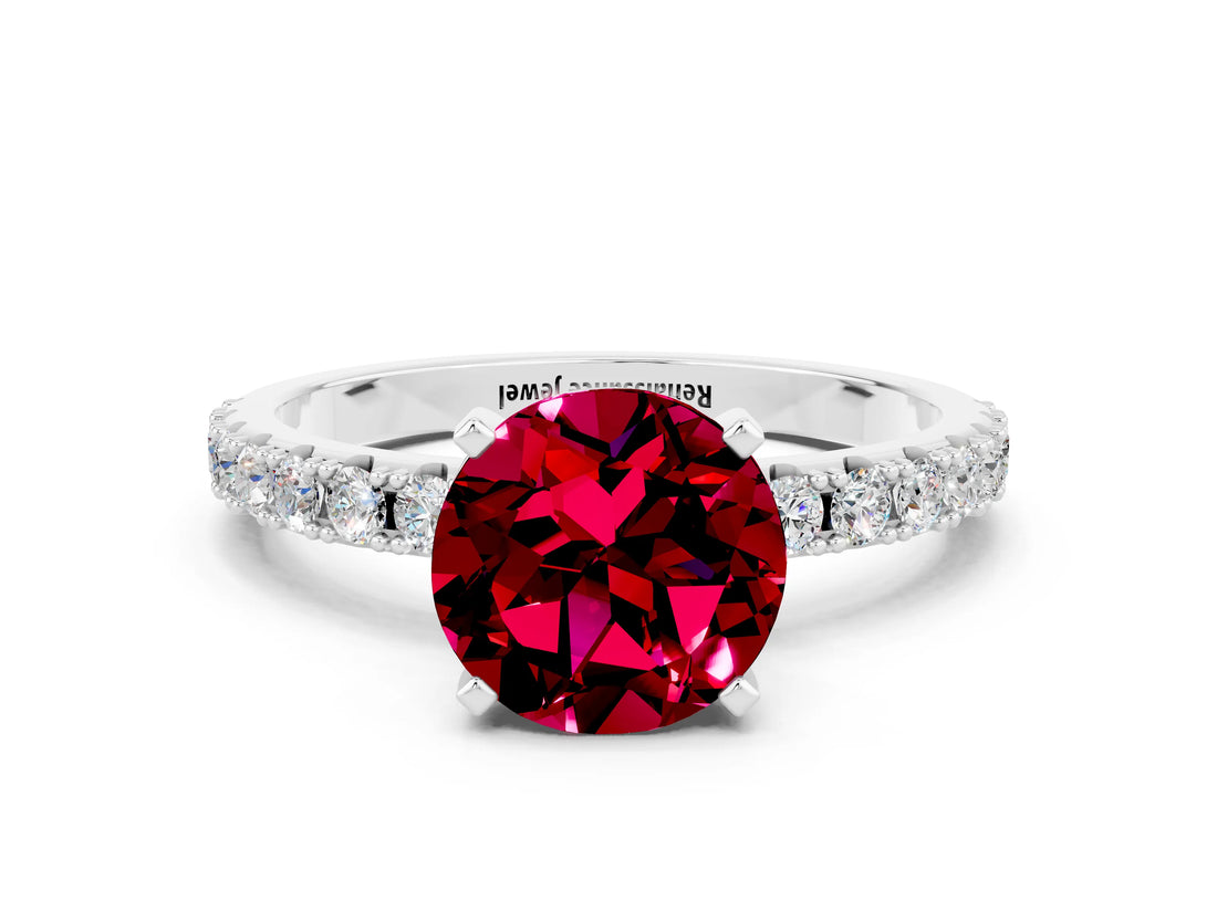 White gold Round Cut Garnet Solitaire Pavé Band with Four-Prong Setting