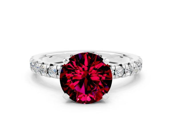 Platinum Round Cut Garnet Solitaire Pavé Engagement Ring with Round Band and Prong Setting