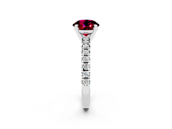 Platinum Round Cut Garnet Solitaire Pavé Engagement Ring with Round Band and Prong Setting