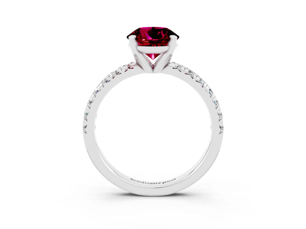 Platinum Round Cut Garnet Solitaire Pavé Engagement Ring with Round Band and Prong Setting