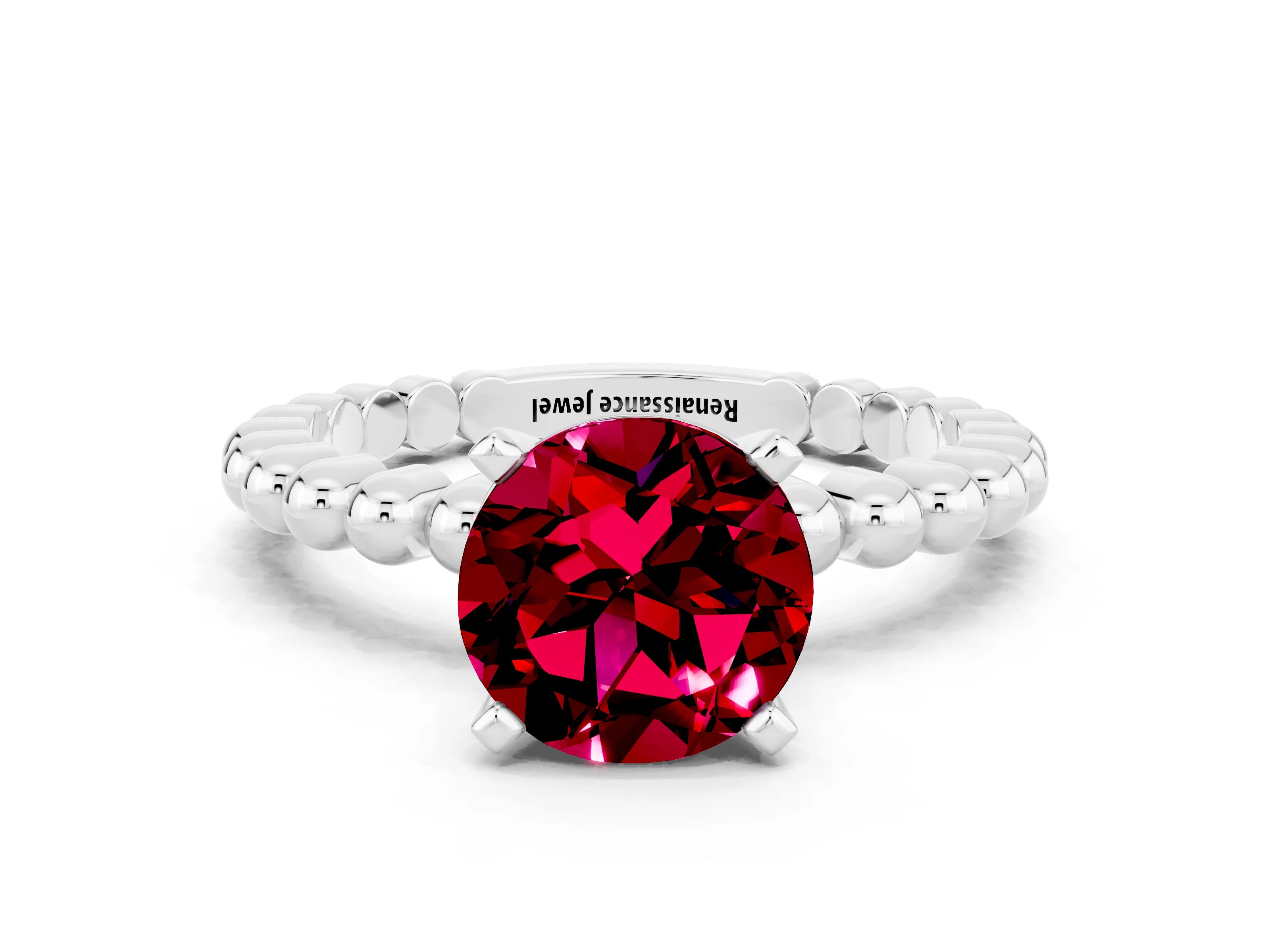 White gold Round Cut Garnet Solitaire Ring with Beaded Band and Prong Setting_12