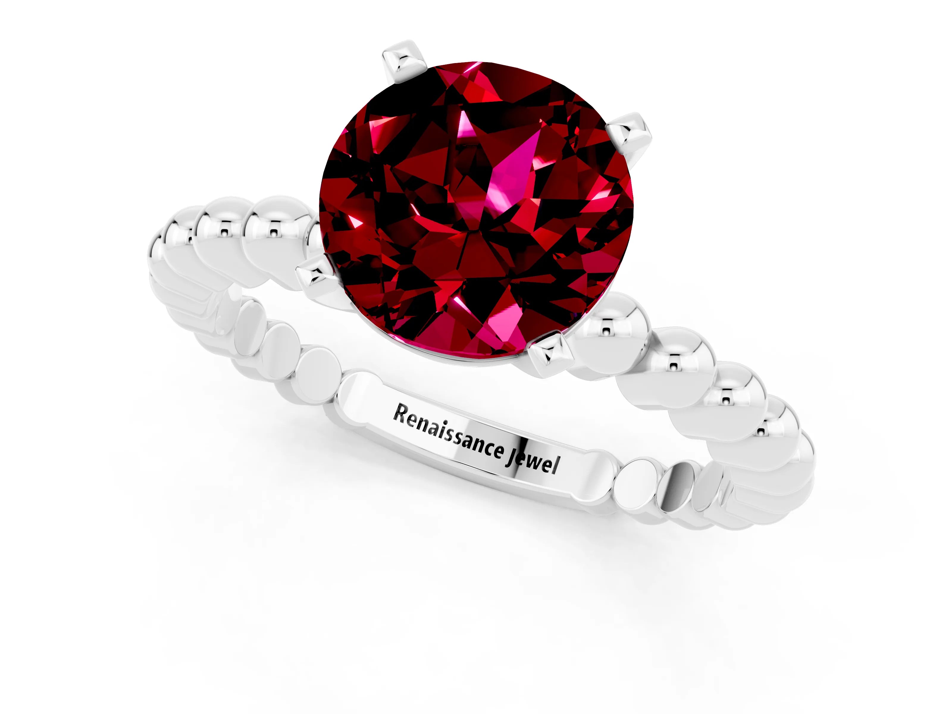 White gold Round Cut Garnet Solitaire Ring with Beaded Band and Prong Setting_13