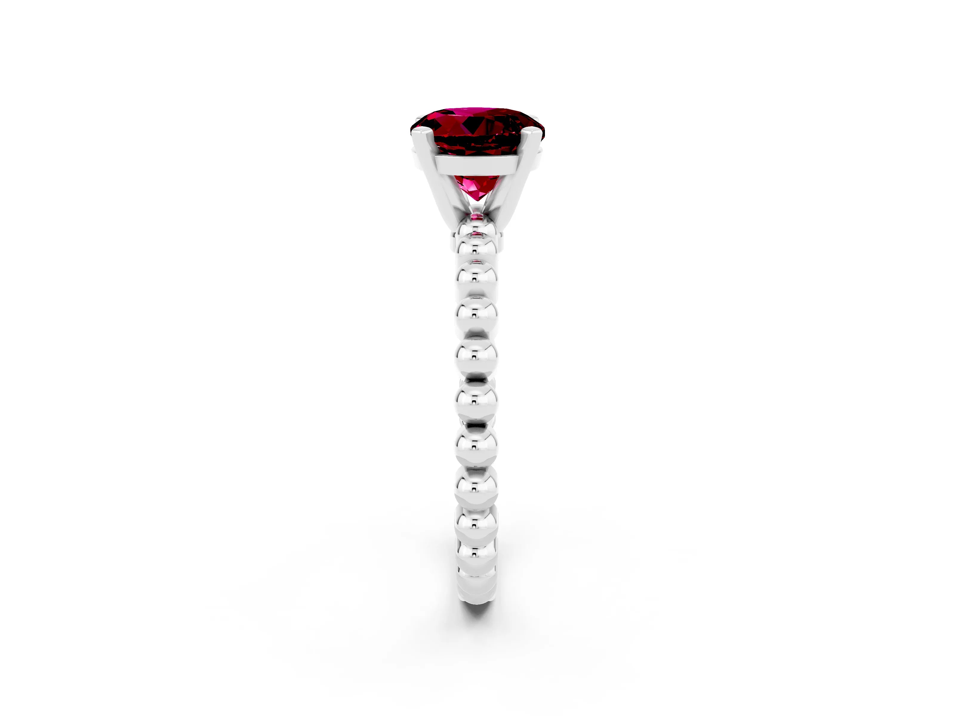 White gold Round Cut Garnet Solitaire Ring with Beaded Band and Prong Setting_14