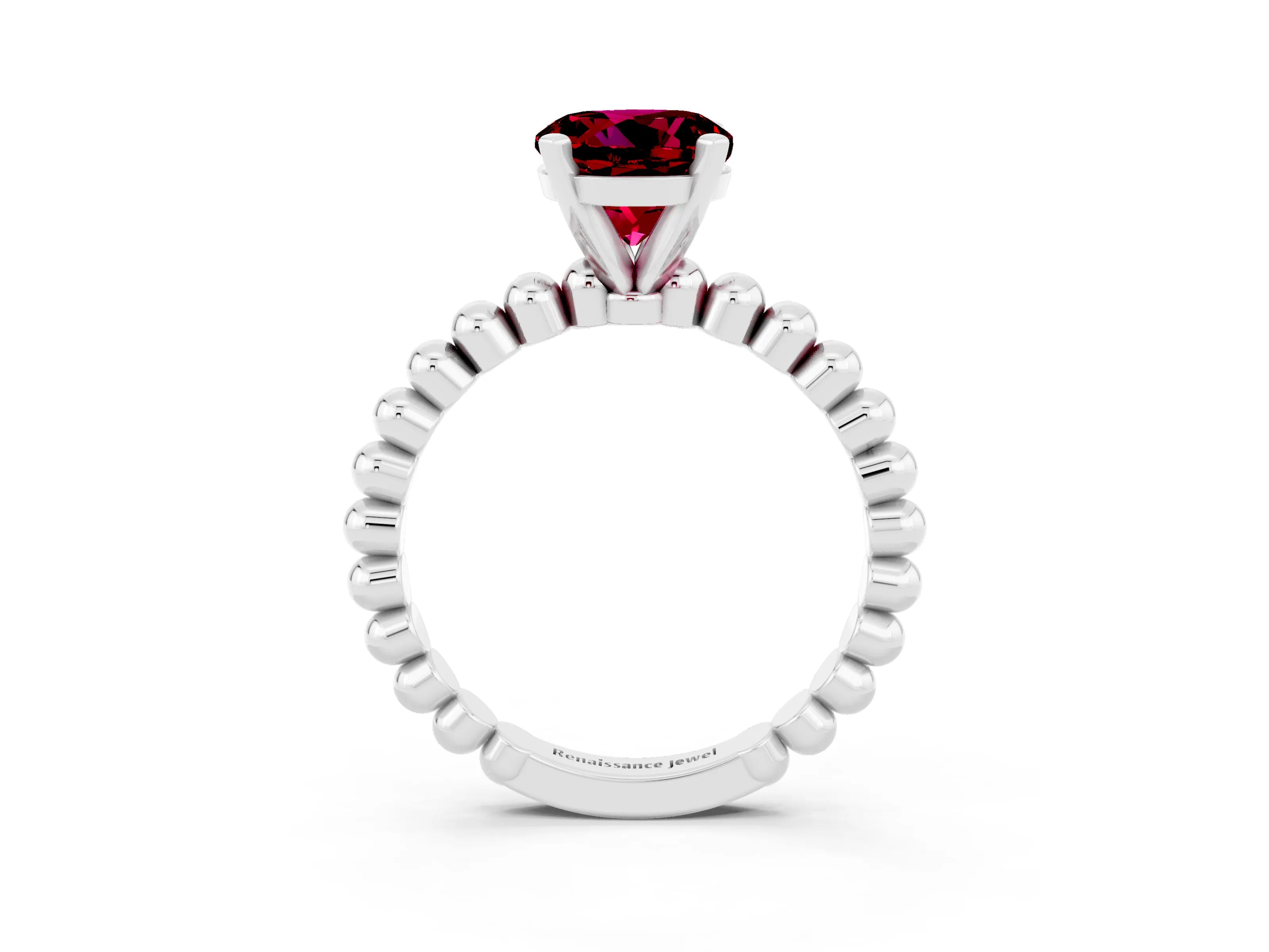 White gold Round Cut Garnet Solitaire Ring with Beaded Band and Prong Setting_15