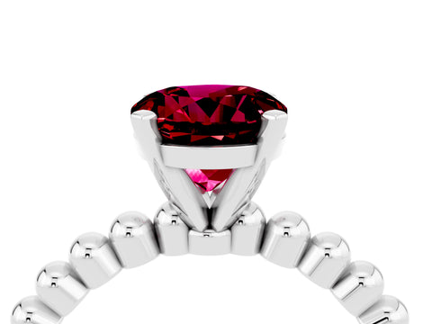 White gold Round Cut Garnet Solitaire Ring with Beaded Band and Prong Setting_16