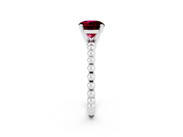 Platinum Round Cut Garnet Solitaire Ring with Beaded Band and Prong Setting