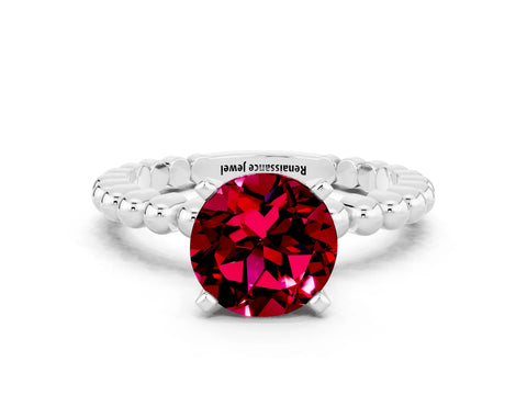 White gold Round Cut Garnet Solitaire Ring with Beaded Band and Prong Setting