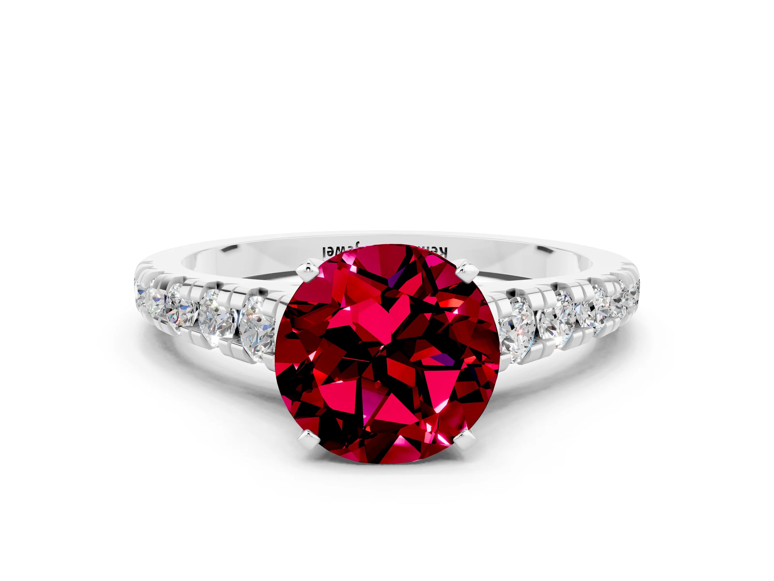 White gold Round Cut Garnet Solitaire Ring with Cathedral Setting and Pavé Band