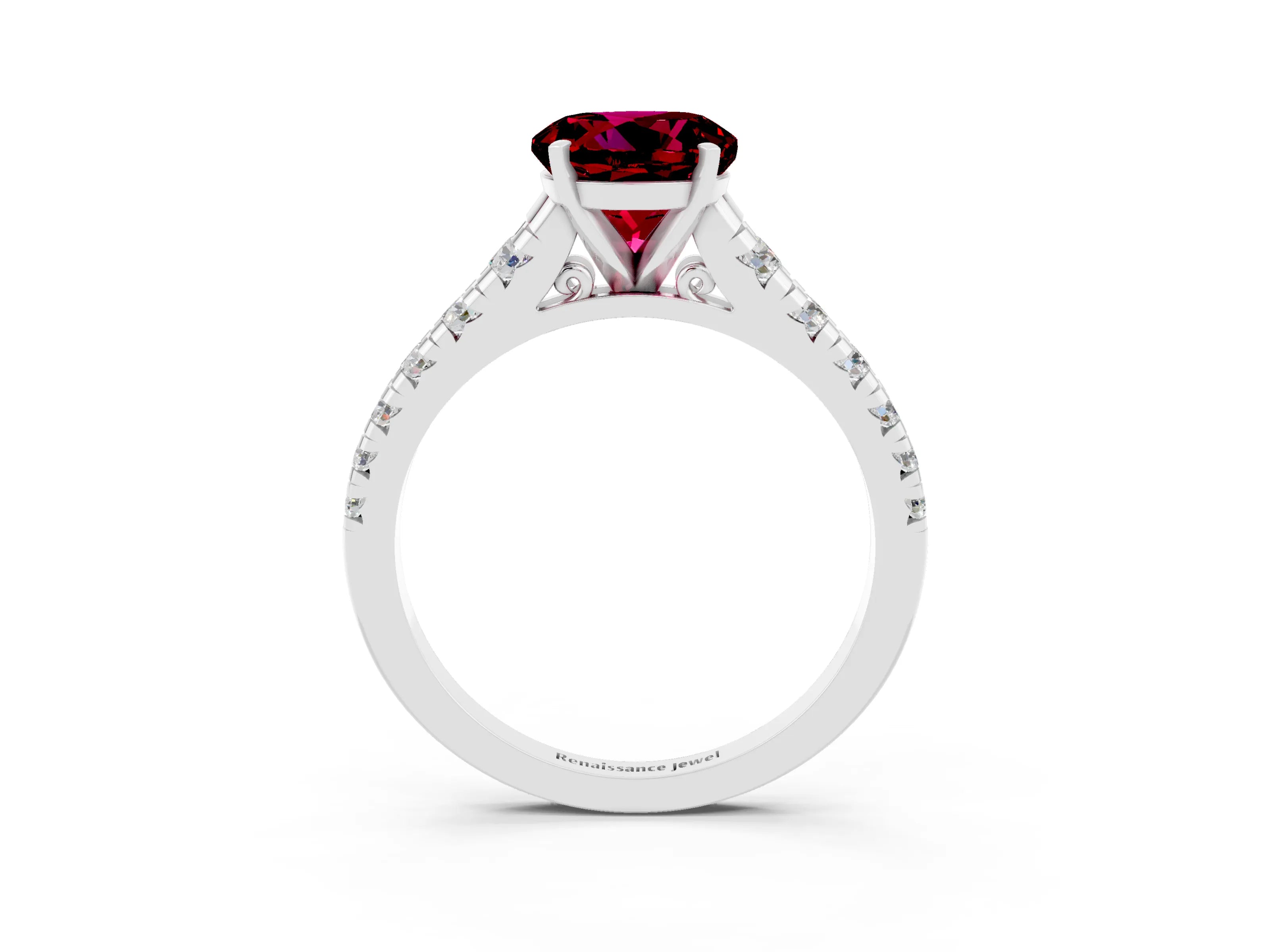 White gold Round Cut Garnet Solitaire Ring with Cathedral Setting and Pavé Band_3