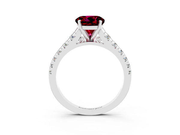 Silver Round Cut Garnet Cathedral Solitaire Ring with Round  Pavé Band