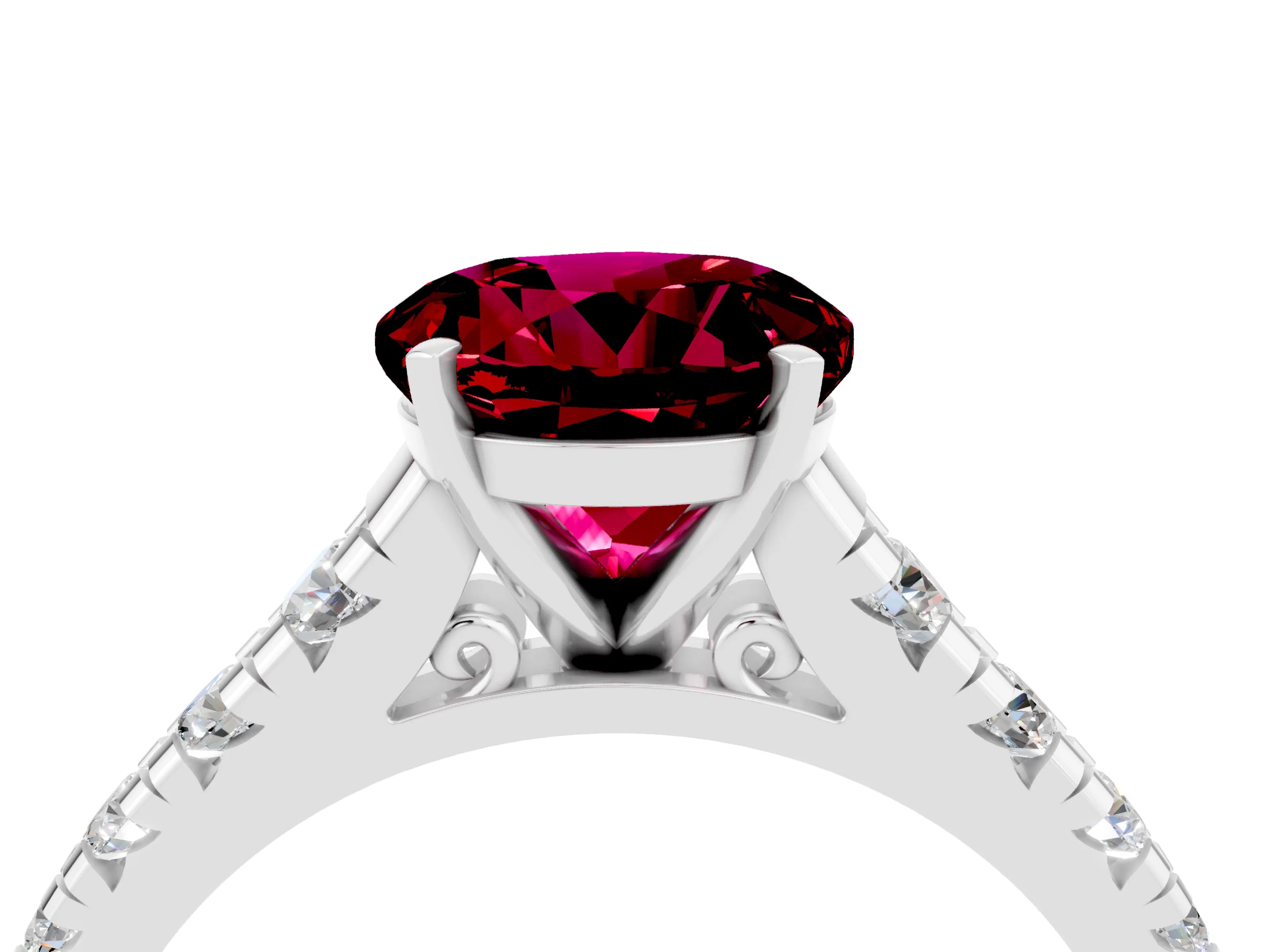 White gold Round Cut Garnet Solitaire Ring with Cathedral Setting and Pavé Band_4