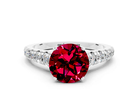 White gold Round Cut Garnet Solitaire Ring with Cathedral Setting and Pavé Band