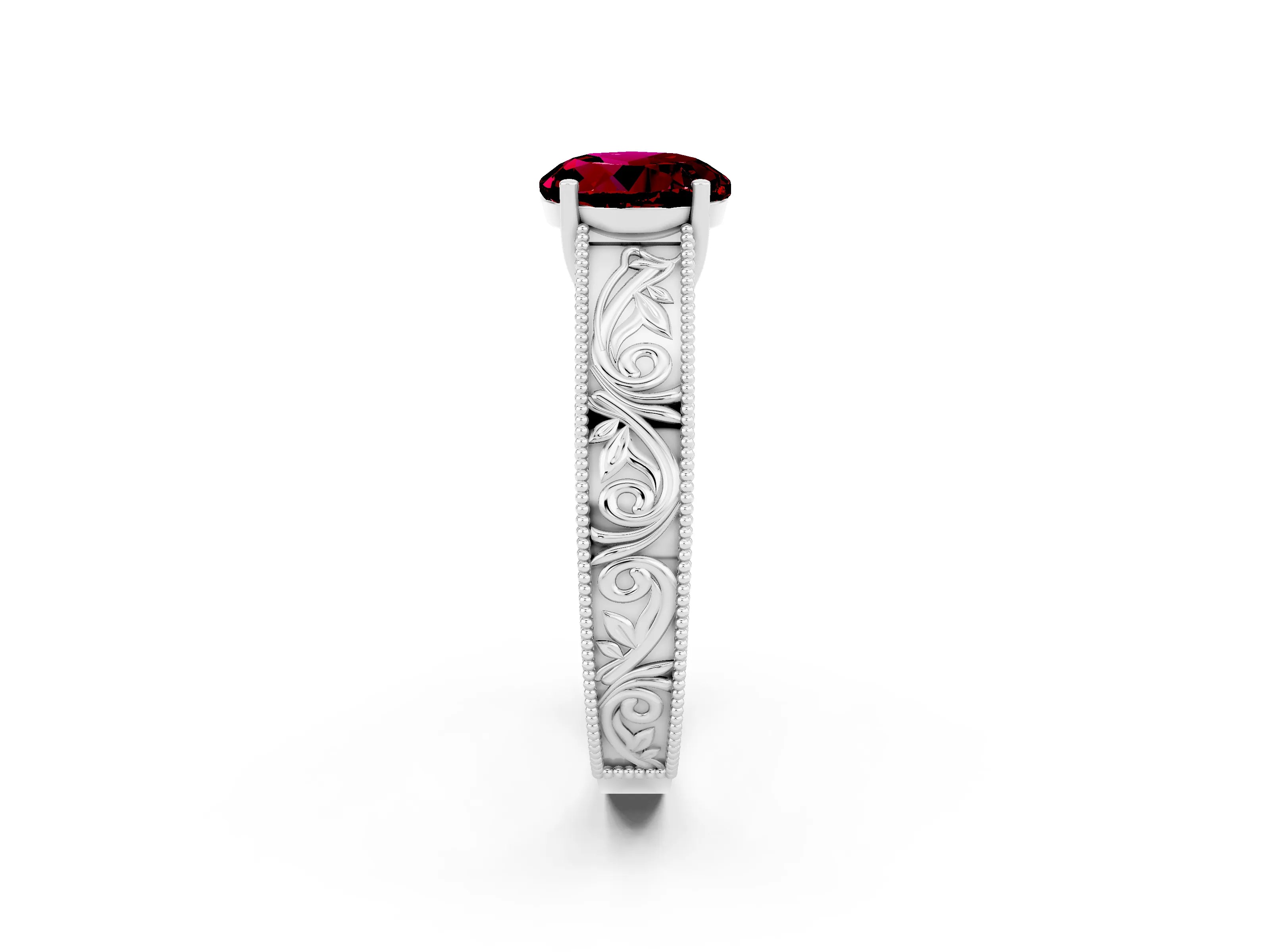 White gold Round Cut Garnet Solitaire Ring with Engraved Band and Four-Prong Setting_2