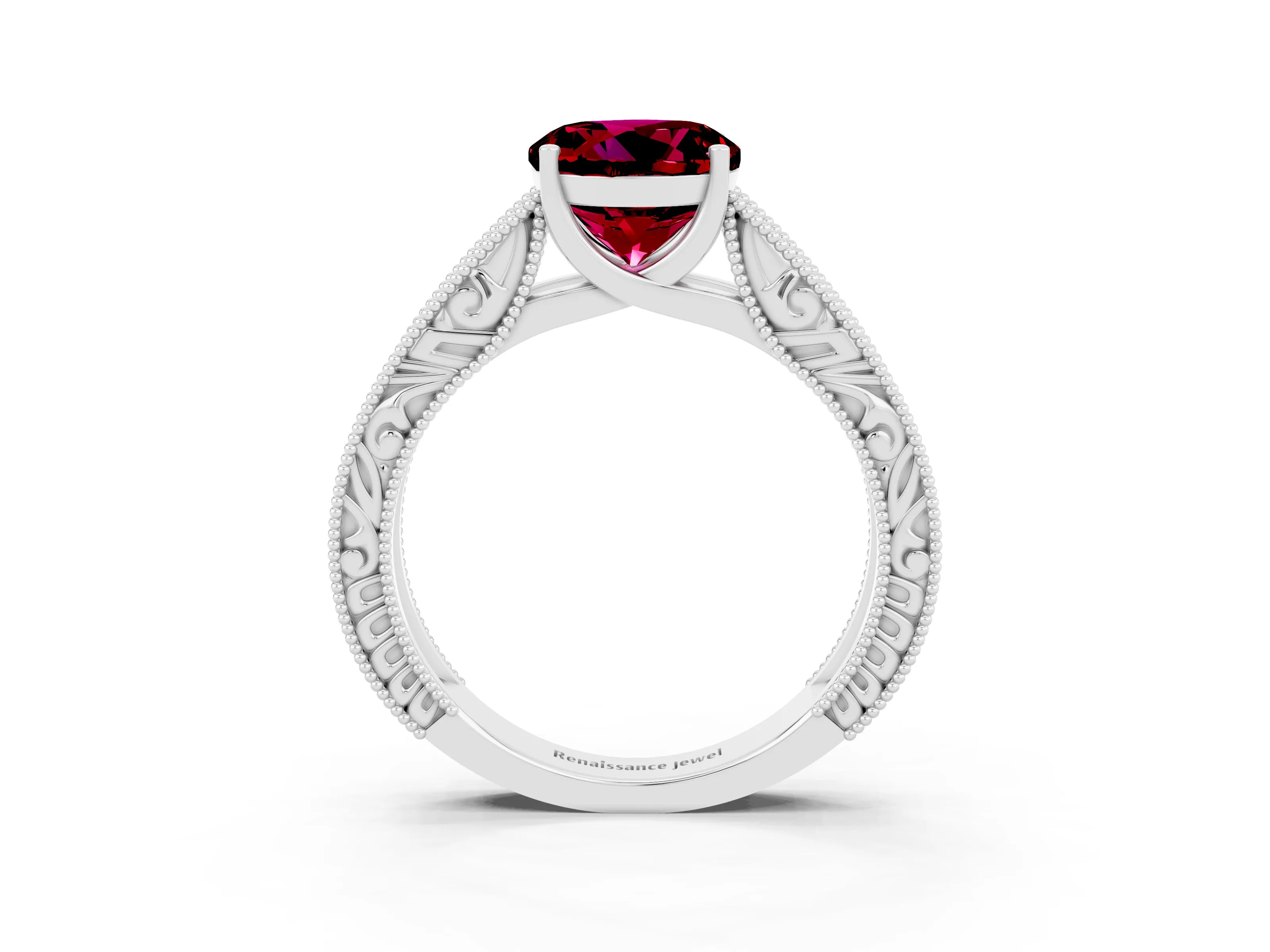 White gold Round Cut Garnet Solitaire Ring with Engraved Band and Four-Prong Setting_3