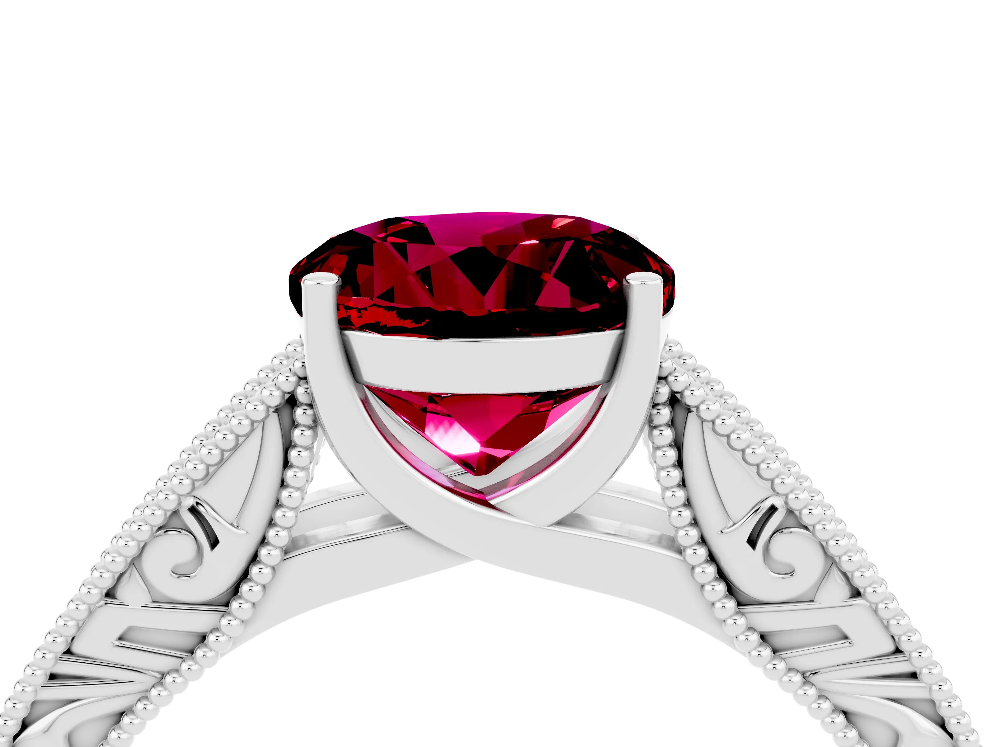 White gold Round Cut Garnet Solitaire Ring with Engraved Band and Four-Prong Setting_4
