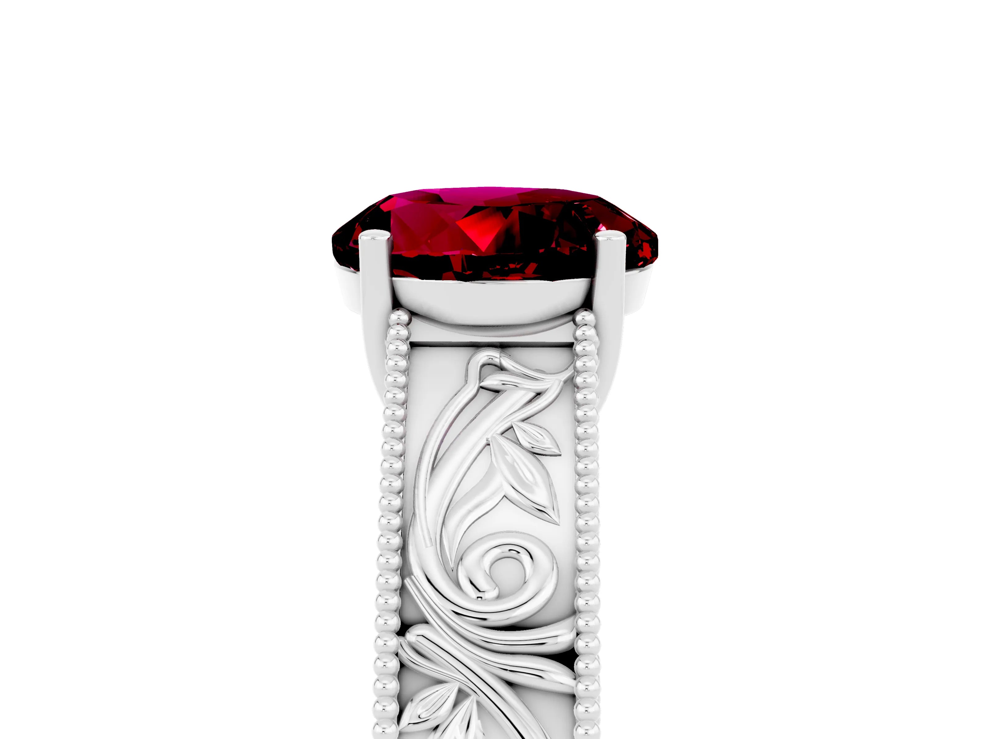 White gold Round Cut Garnet Solitaire Ring with Engraved Band and Four-Prong Setting_5