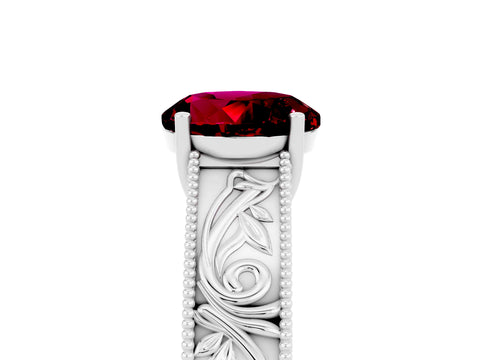 White gold Round Cut Garnet Solitaire Ring with Engraved Band and Four-Prong Setting_5