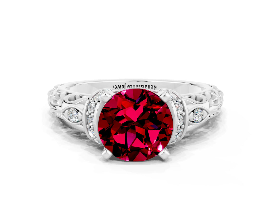 White gold Round Cut Garnet Solitaire Ring with Filigree Band and Four-Prong Setting_24