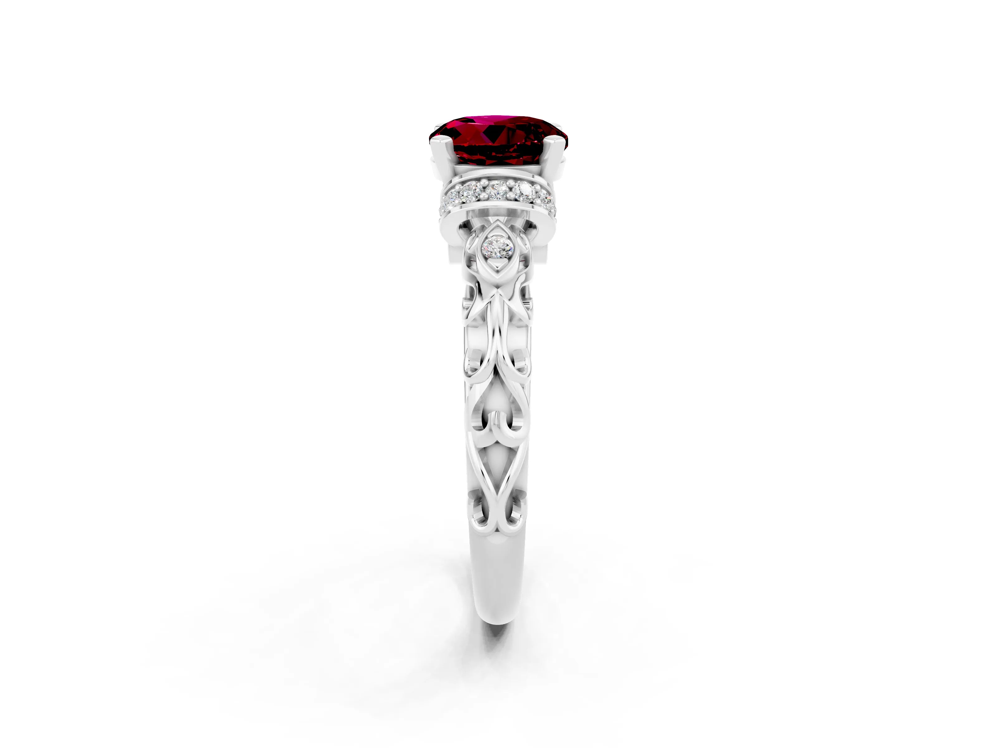 White gold Round Cut Garnet Solitaire Ring with Filigree Band and Four-Prong Setting_26
