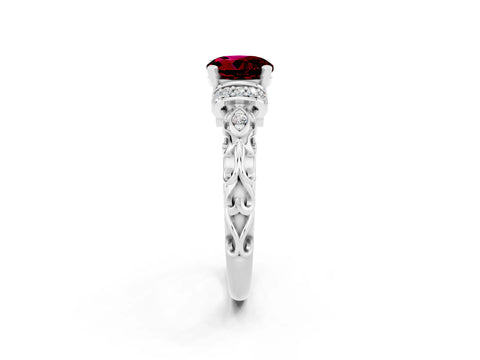White gold Round Cut Garnet Solitaire Ring with Filigree Band and Four-Prong Setting_26
