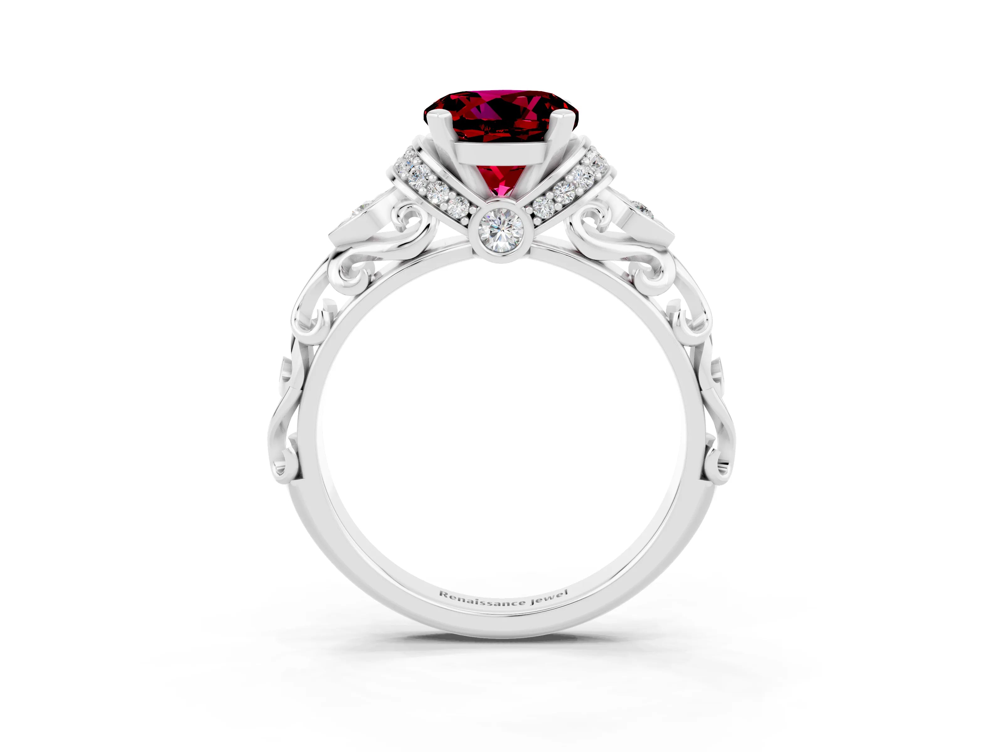 White gold Round Cut Garnet Solitaire Ring with Filigree Band and Four-Prong Setting_27
