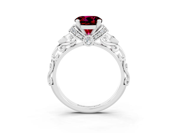 Silver Round Cut Garnet Solitaire Ring with Filigree Band and Four-Prong Setting