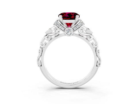 White gold Round Cut Garnet Solitaire Ring with Filigree Band and Four-Prong Setting_27