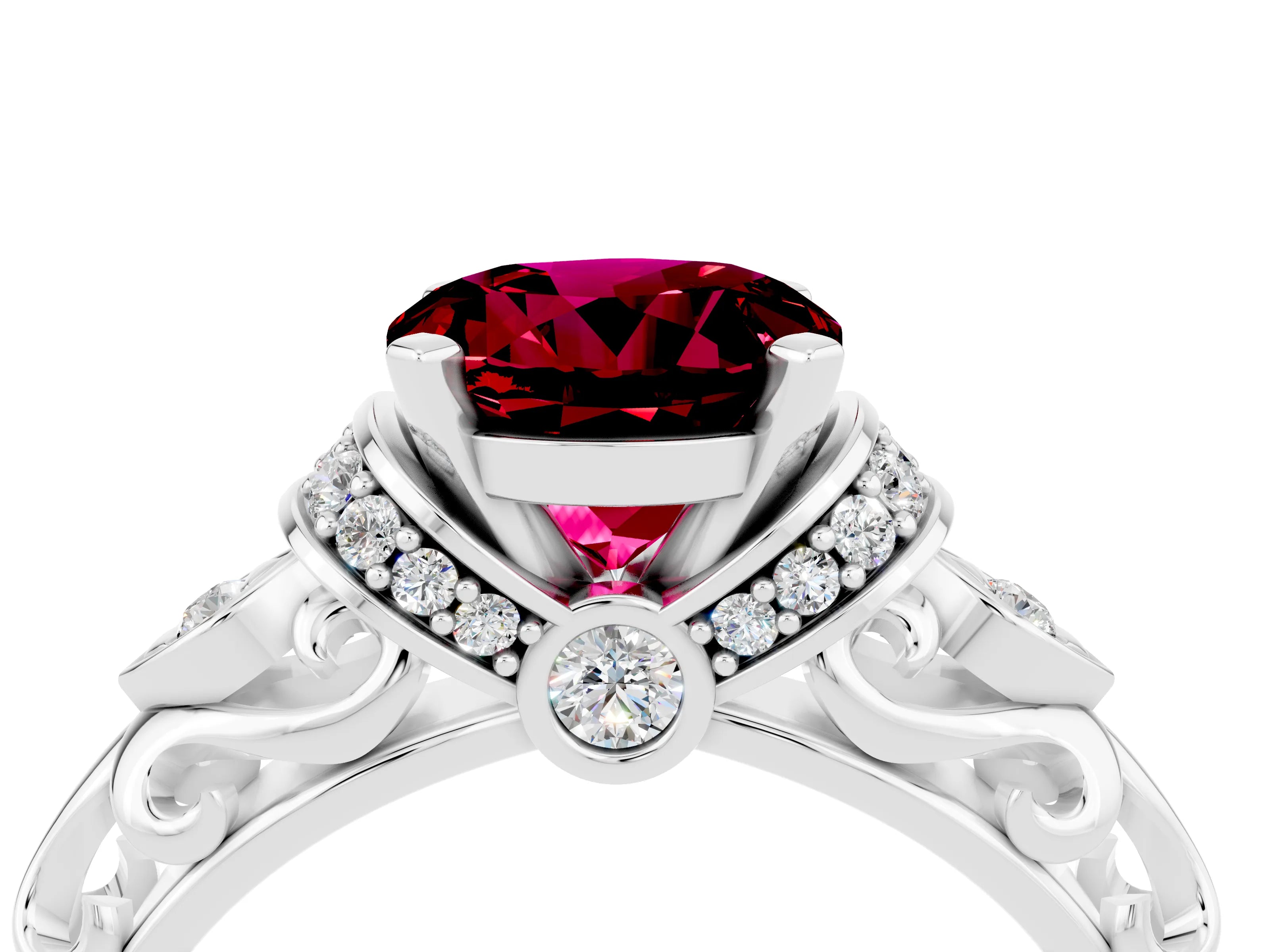 White gold Round Cut Garnet Solitaire Ring with Filigree Band and Four-Prong Setting_28