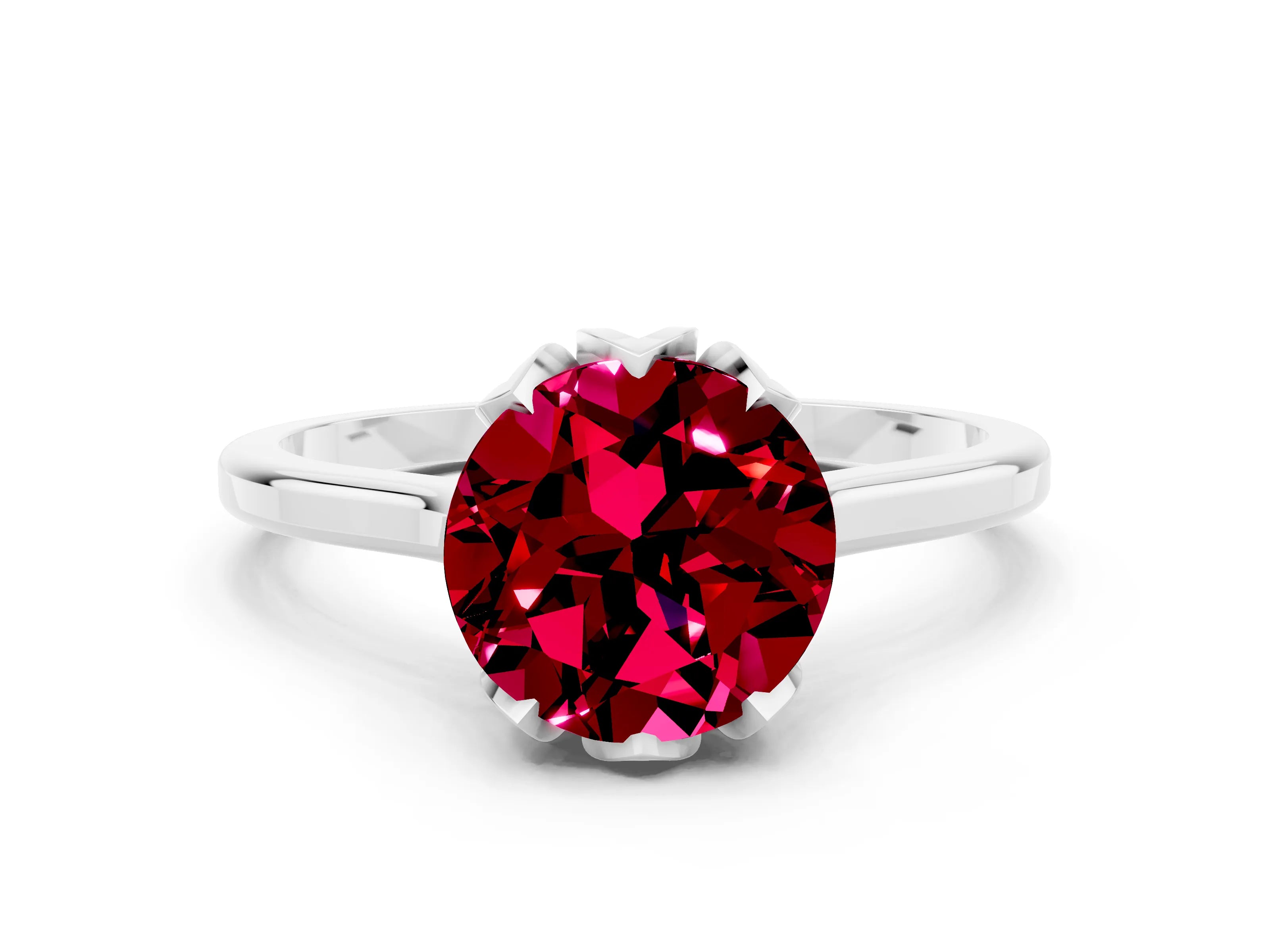 White gold Round Cut Garnet Solitaire Ring with Flower Prong Setting and Classic Band_12