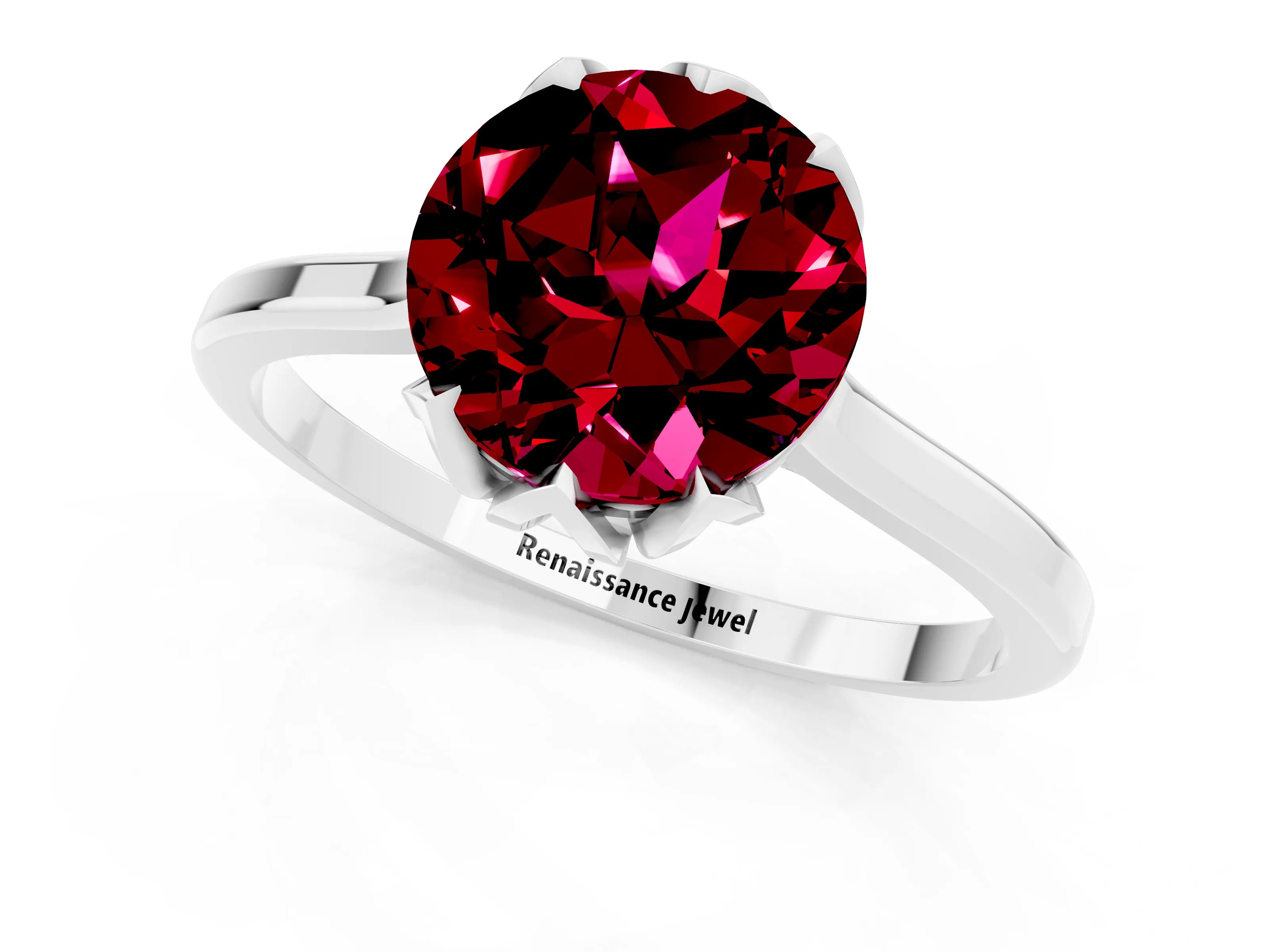 White gold Round Cut Garnet Solitaire Ring with Flower Prong Setting and Classic Band_13