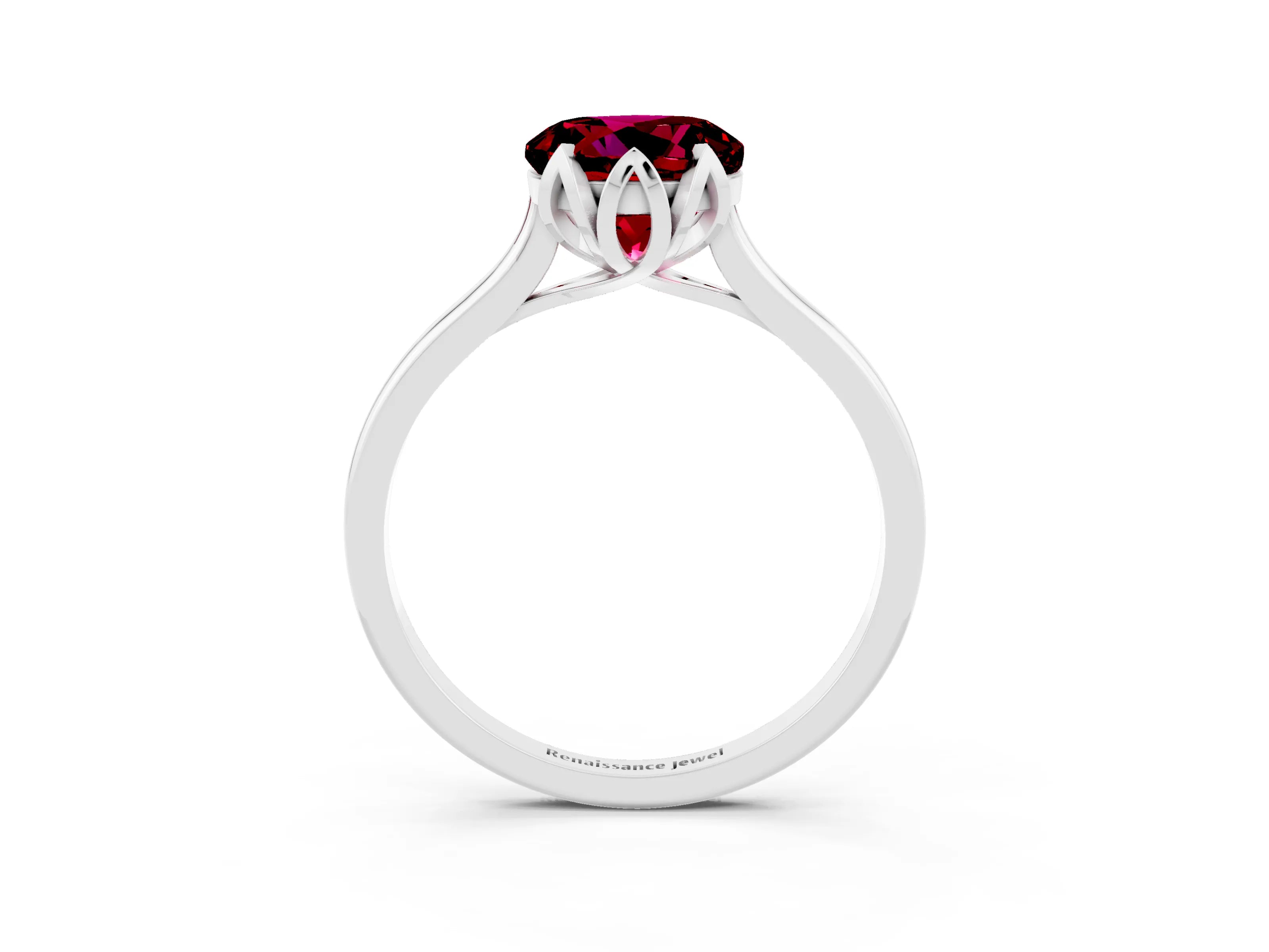 White gold Round Cut Garnet Solitaire Ring with Flower Prong Setting and Classic Band_15