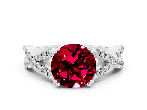 Platinum Round Cut Garnet Solitaire Ring with Four-Prong Setting and Twisted Pavé Band