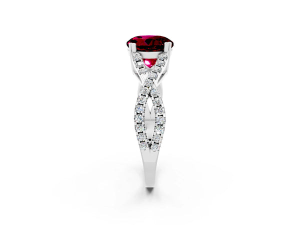 Platinum Round Cut Garnet Solitaire Ring with Four-Prong Setting and Twisted Pavé Band