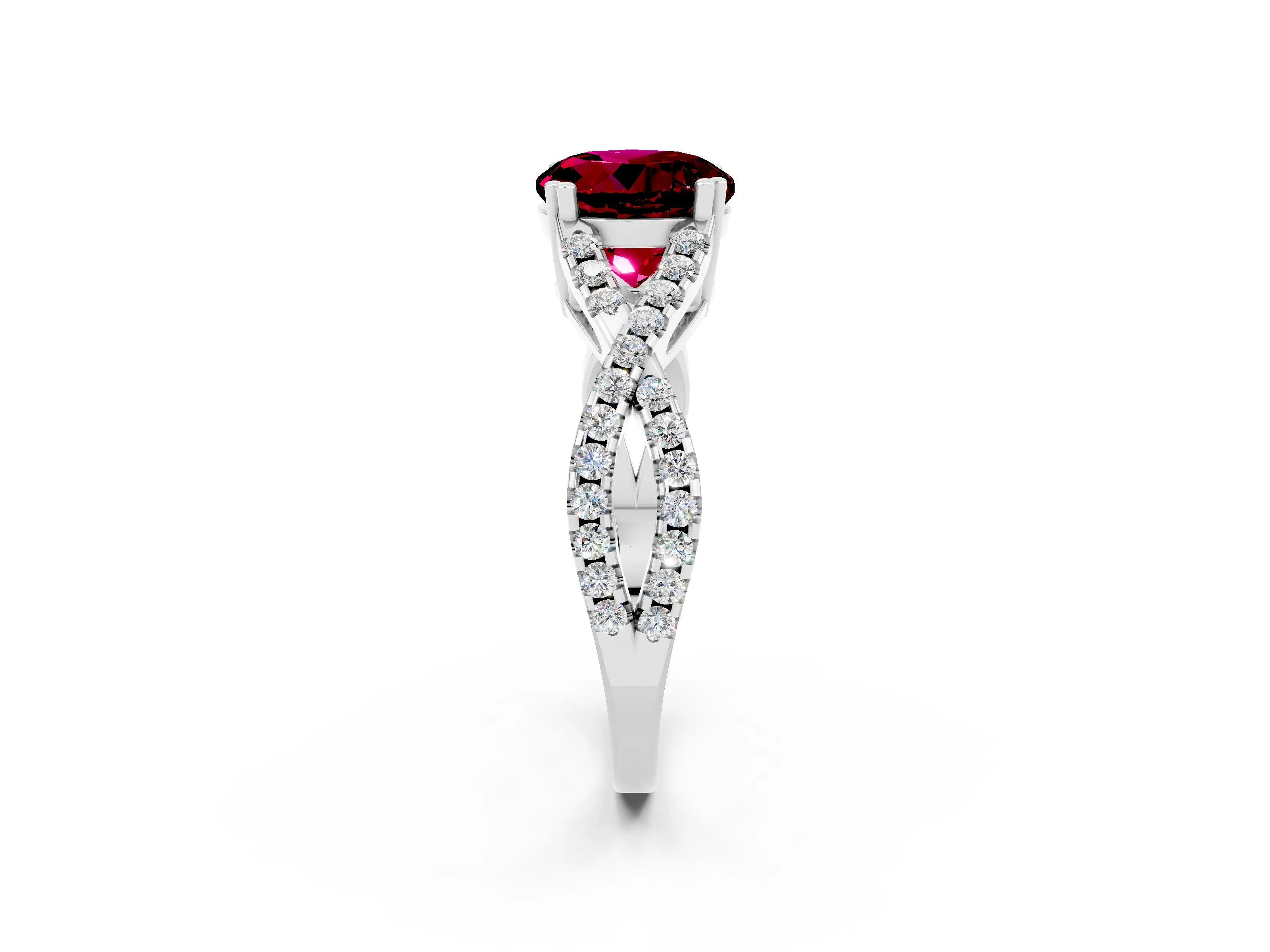 White gold Round Cut Garnet Solitaire Ring with Four-Prong Setting and Twisted Pavé Band_2