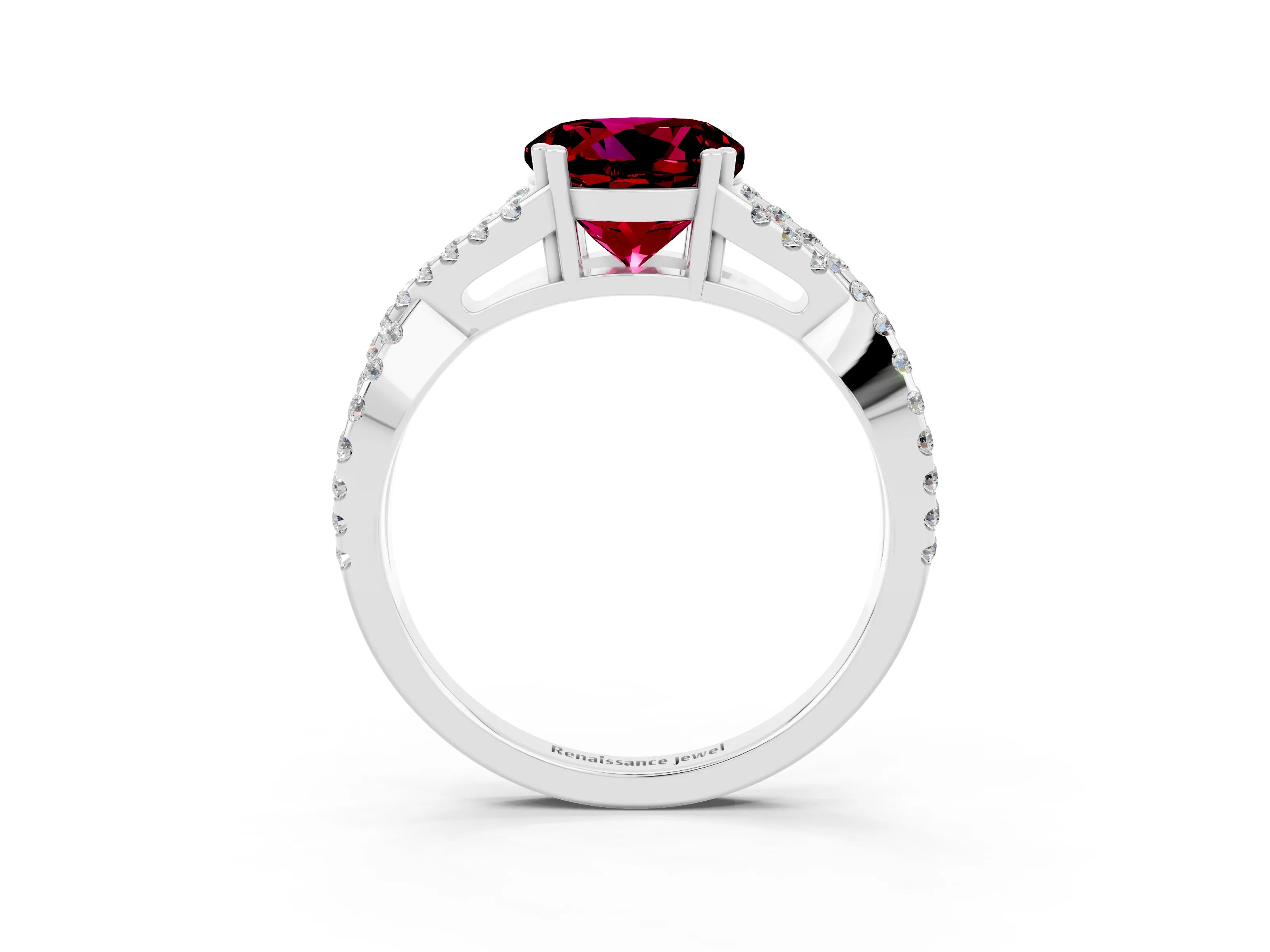 White gold Round Cut Garnet Solitaire Ring with Four-Prong Setting and Twisted Pavé Band_3