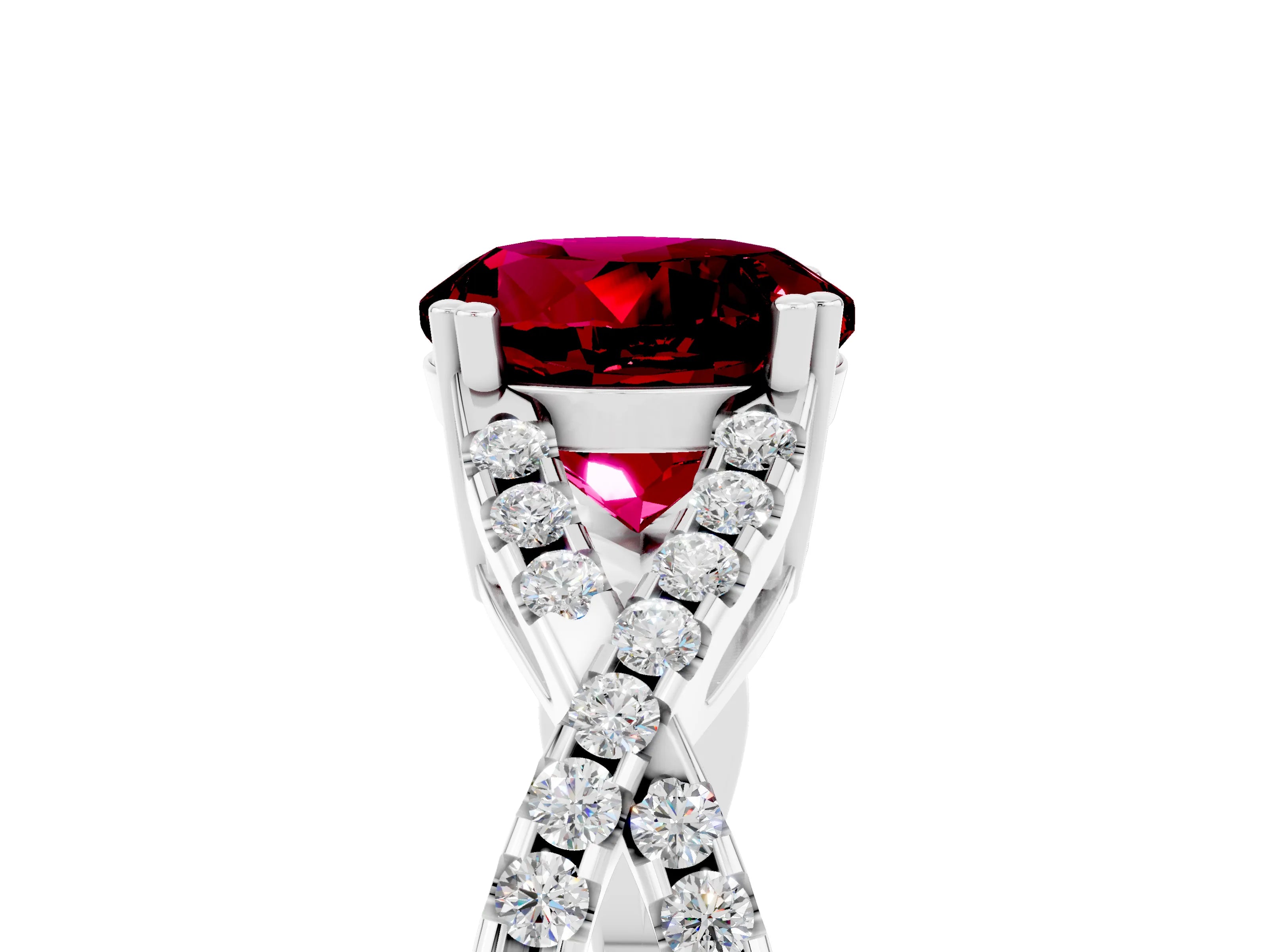 White gold Round Cut Garnet Solitaire Ring with Four-Prong Setting and Twisted Pavé Band_5