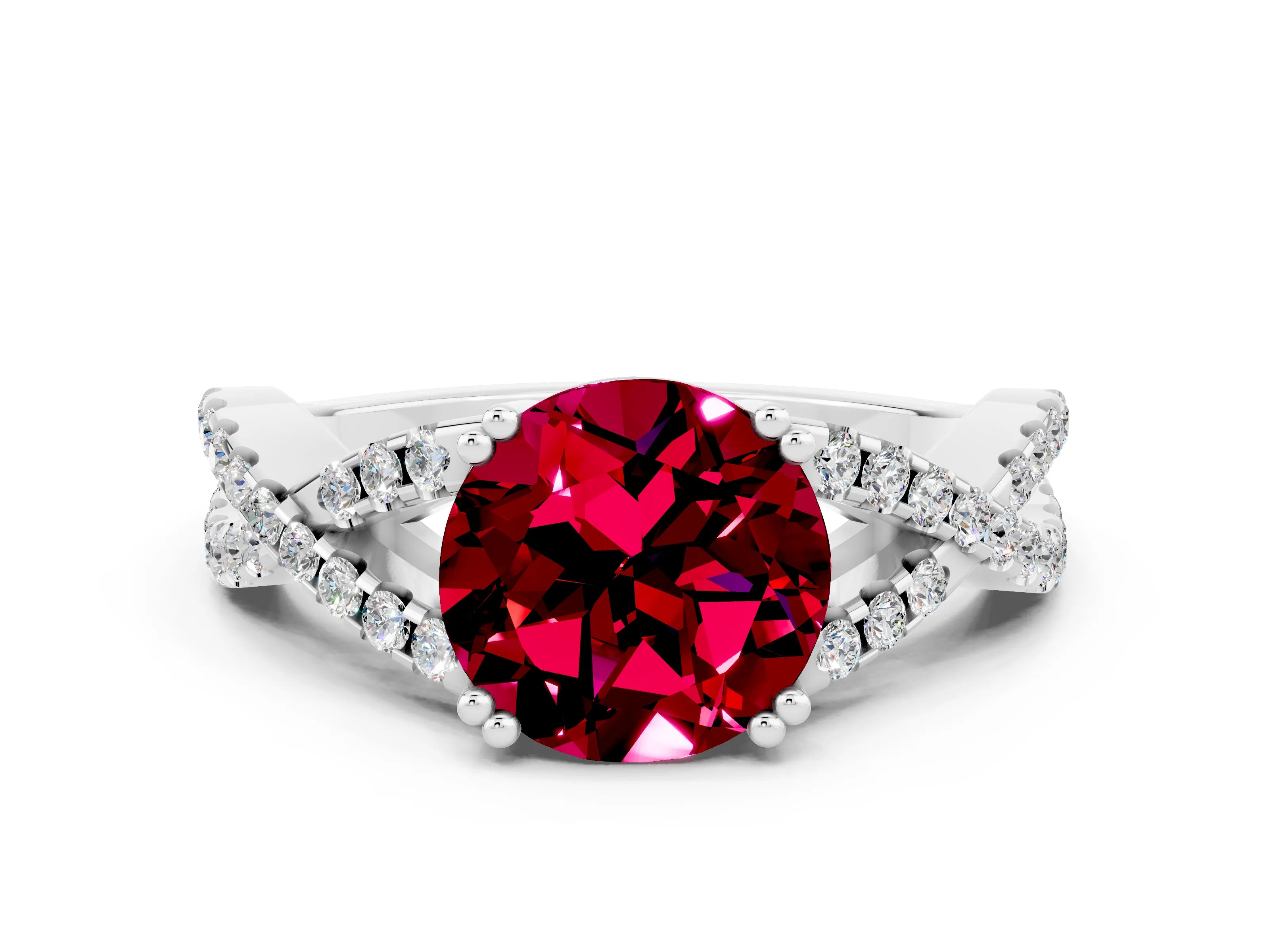 White gold Round Cut Garnet Solitaire Ring with Four-Prong Setting and Twisted Pavé Band