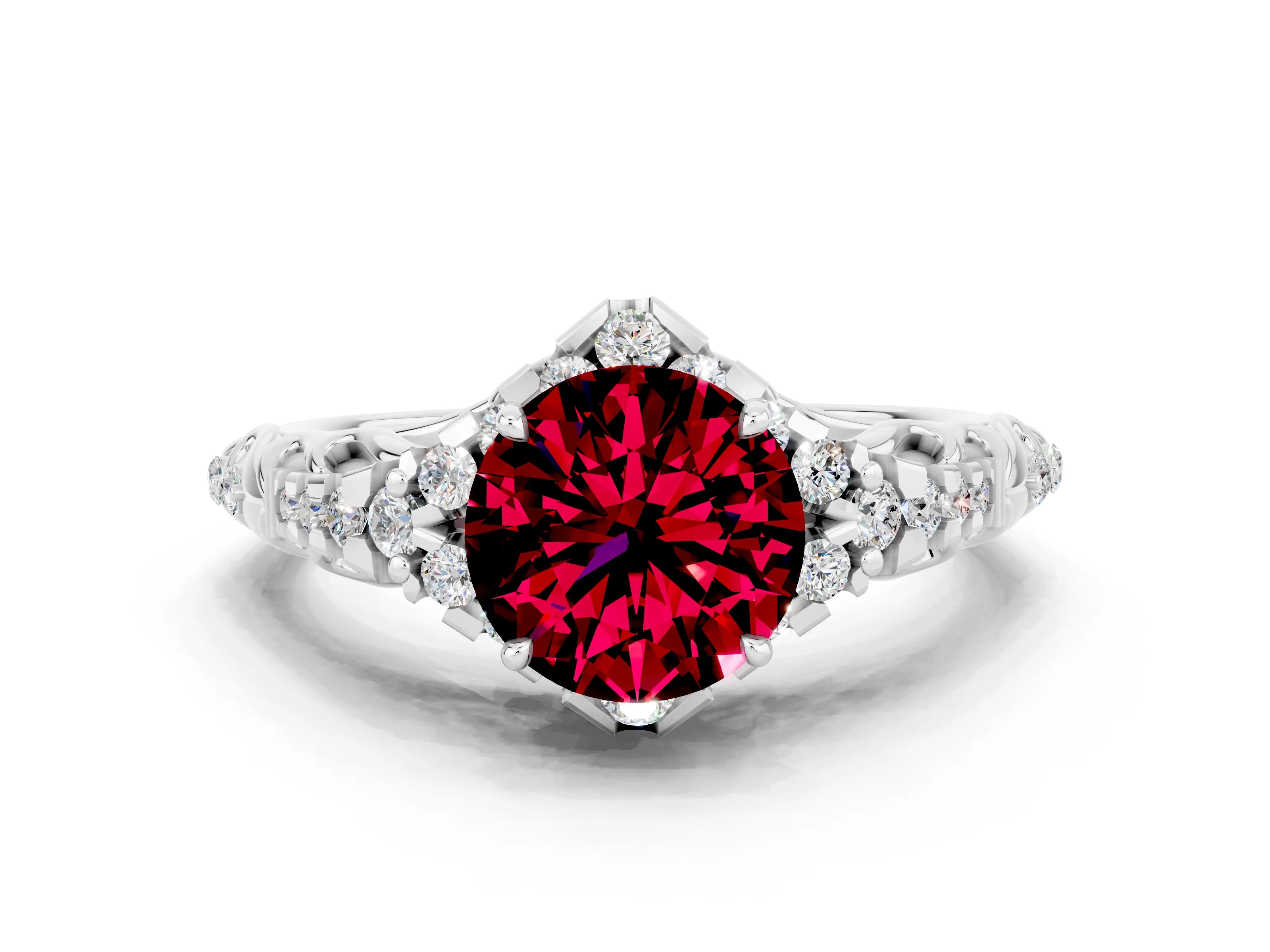 White gold Round Cut Garnet Solitaire Ring with Hidden Halo and Pavé Band_30