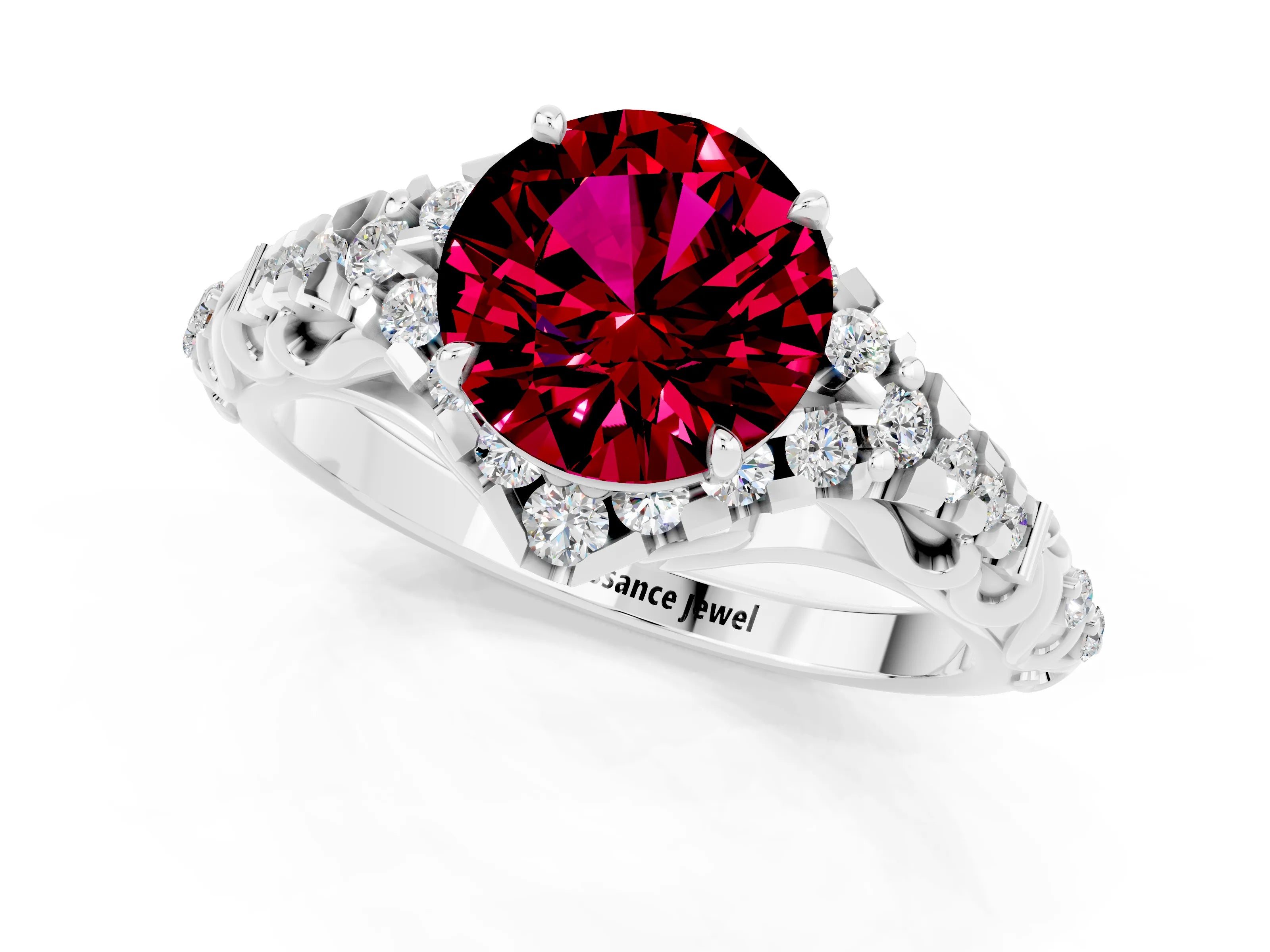 White gold Round Cut Garnet Solitaire Ring with Hidden Halo and Pavé Band_32