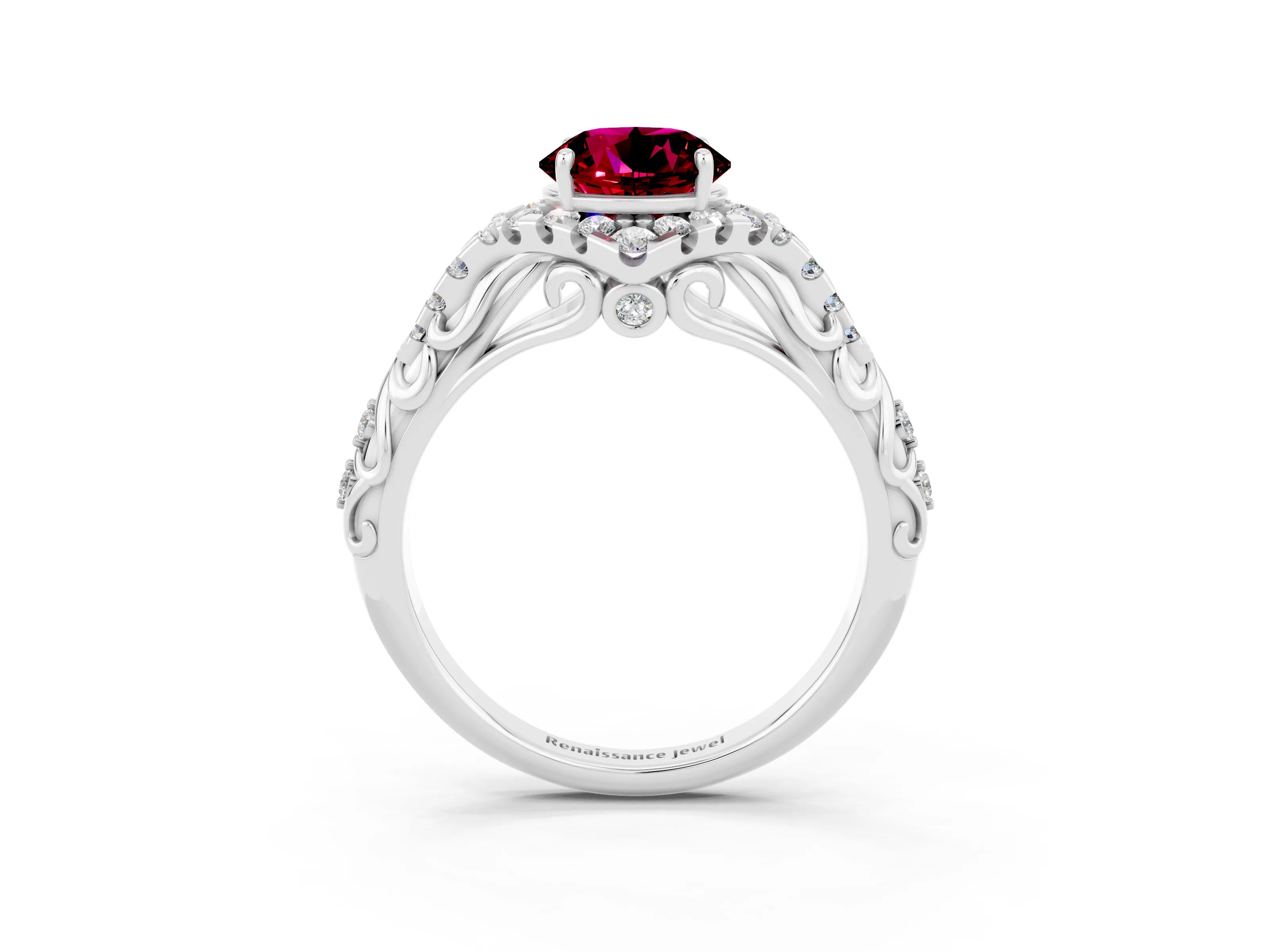 White gold Round Cut Garnet Solitaire Ring with Hidden Halo and Pavé Band_34