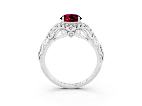 White gold Round Cut Garnet Solitaire Ring with Hidden Halo and Pavé Band_34