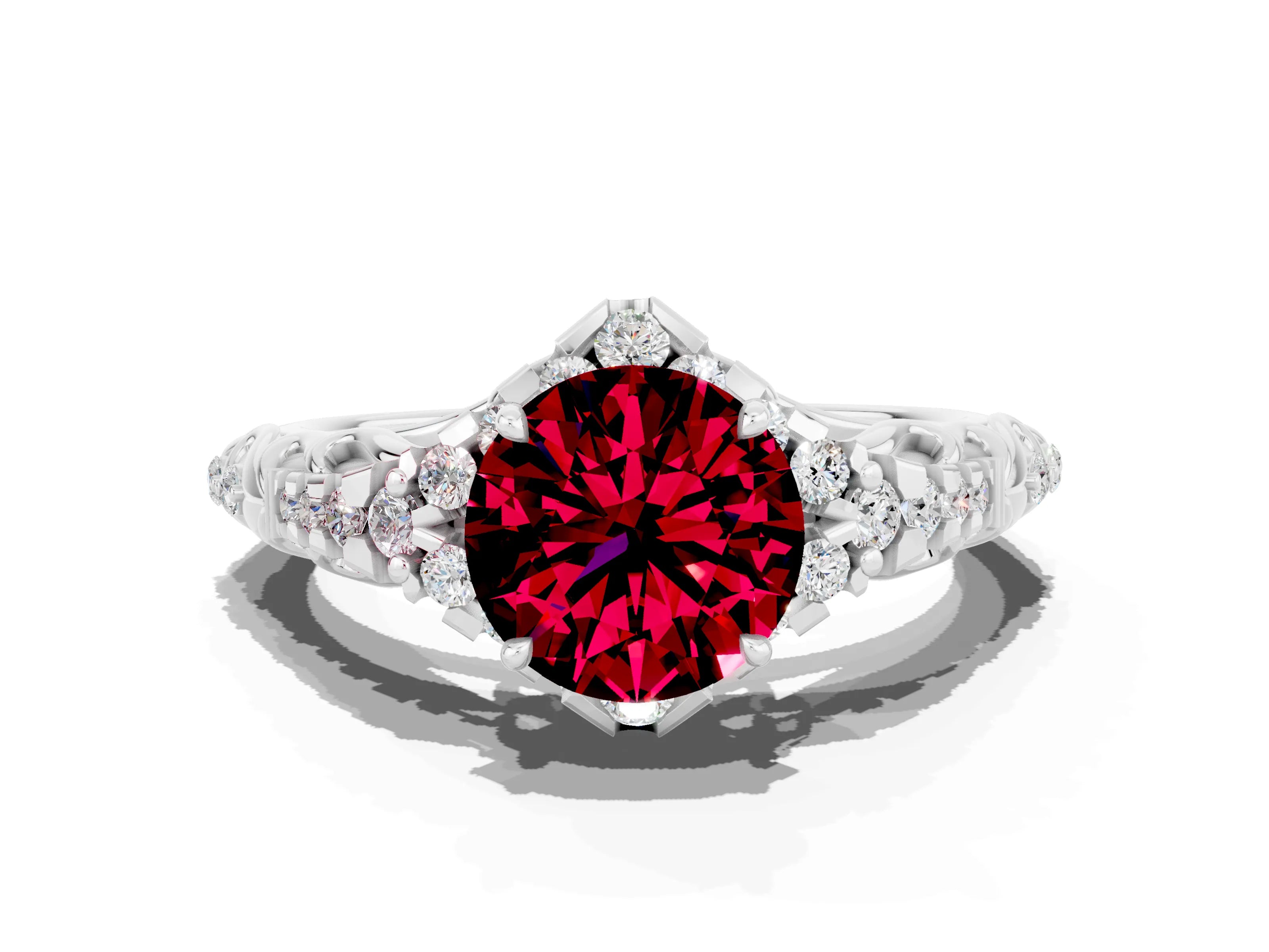 White gold Round Cut Garnet Solitaire Ring with Hidden Halo and Pavé Band_36
