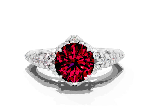 White gold Round Cut Garnet Solitaire Ring with Hidden Halo and Pavé Band_37