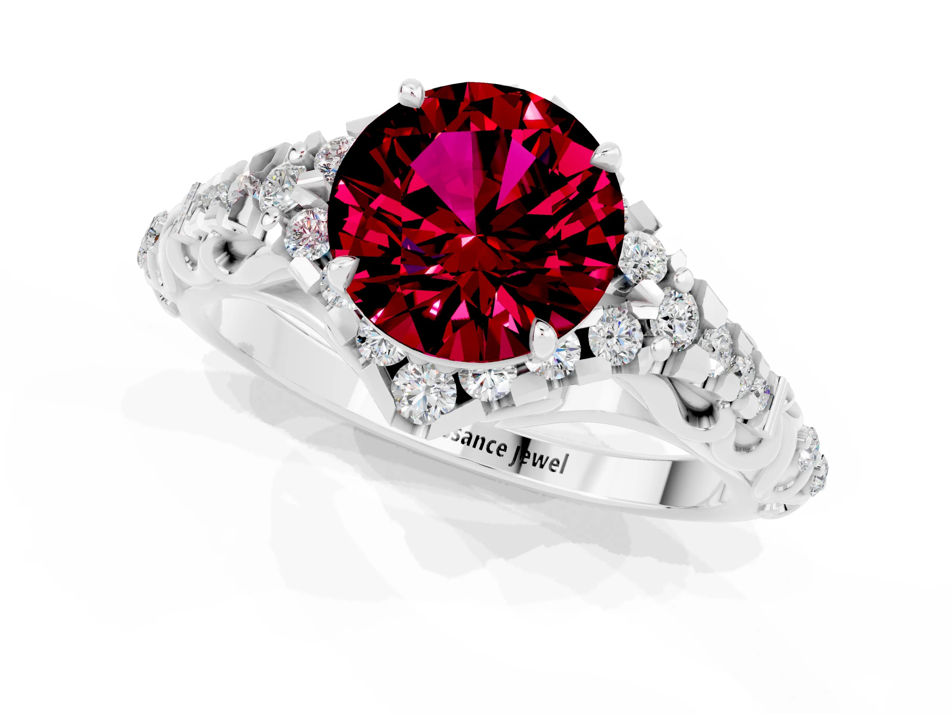 White gold Round Cut Garnet Solitaire Ring with Hidden Halo and Pavé Band_38