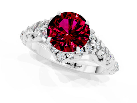 White gold Round Cut Garnet Solitaire Ring with Hidden Halo and Pavé Band_38