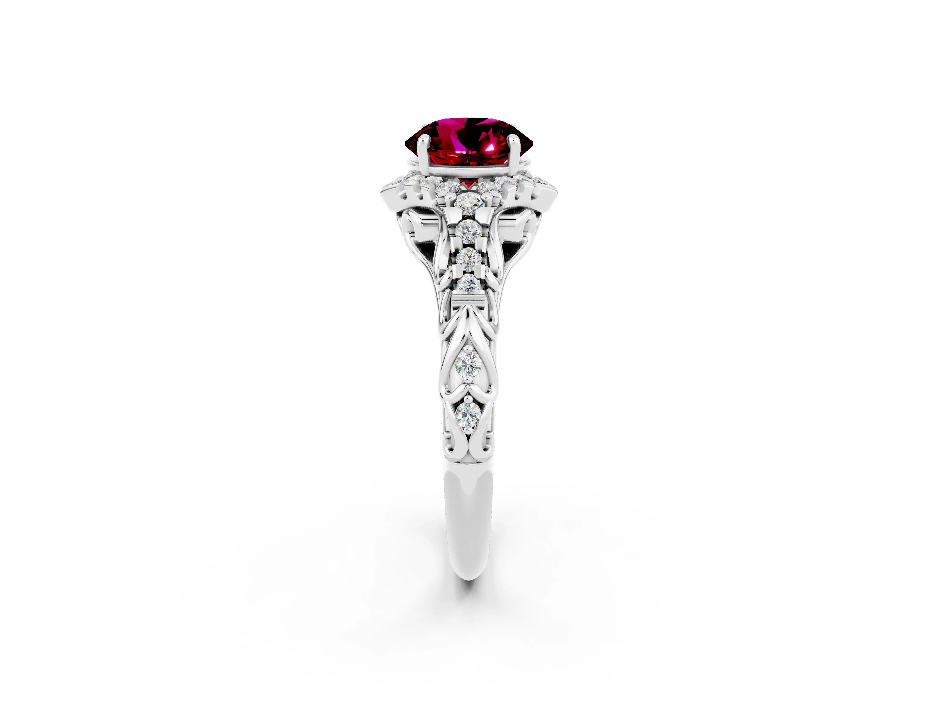 White gold Round Cut Garnet Solitaire Ring with Hidden Halo and Pavé Band_39
