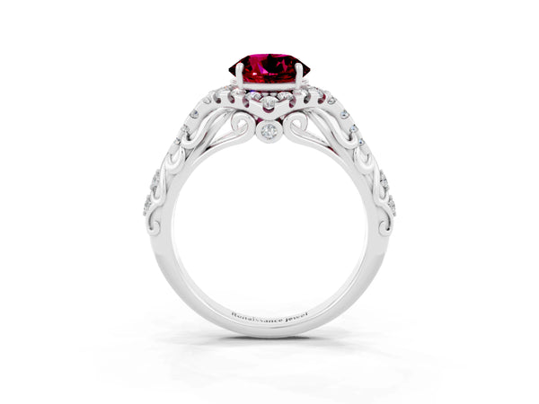 Silver Round Cut Garnet Solitaire Ring with Hidden Halo and Pavé Band