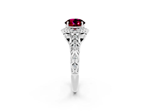 White gold Round Cut Garnet Solitaire Ring with Hidden Halo and Pavé Band_39