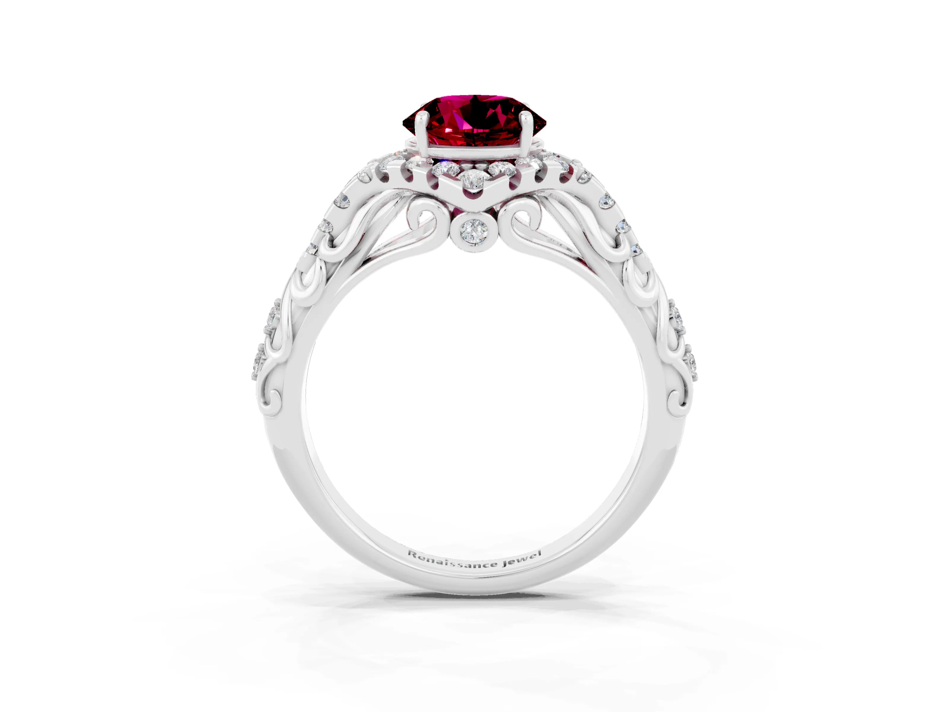 White gold Round Cut Garnet Solitaire Ring with Hidden Halo and Pavé Band_40