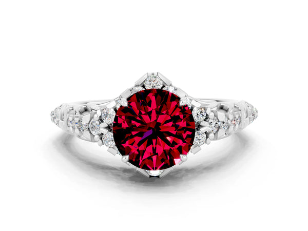 Platinum Round Cut Garnet Solitaire Ring with Hidden Halo and Pavé Band